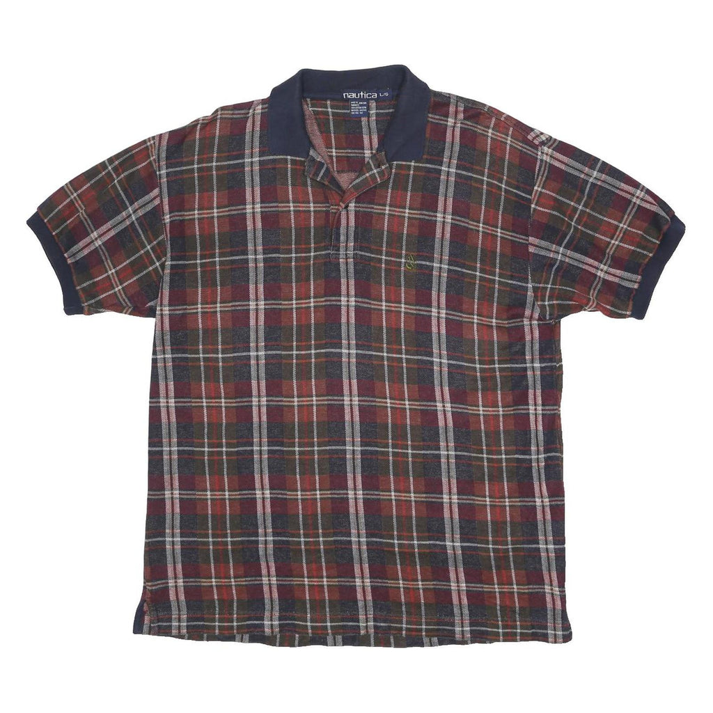 NAUTICA Mens Blue & Red Checked Short Sleeve Polo Shirt L Cotton Classic Style