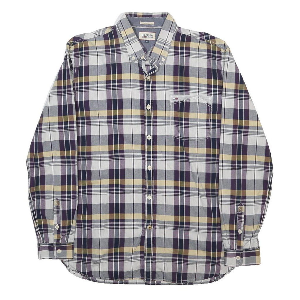 HILFIGER DENIM Mens Blue Beige Plaid Shirt XL Cotton Button Down Long Sleeve