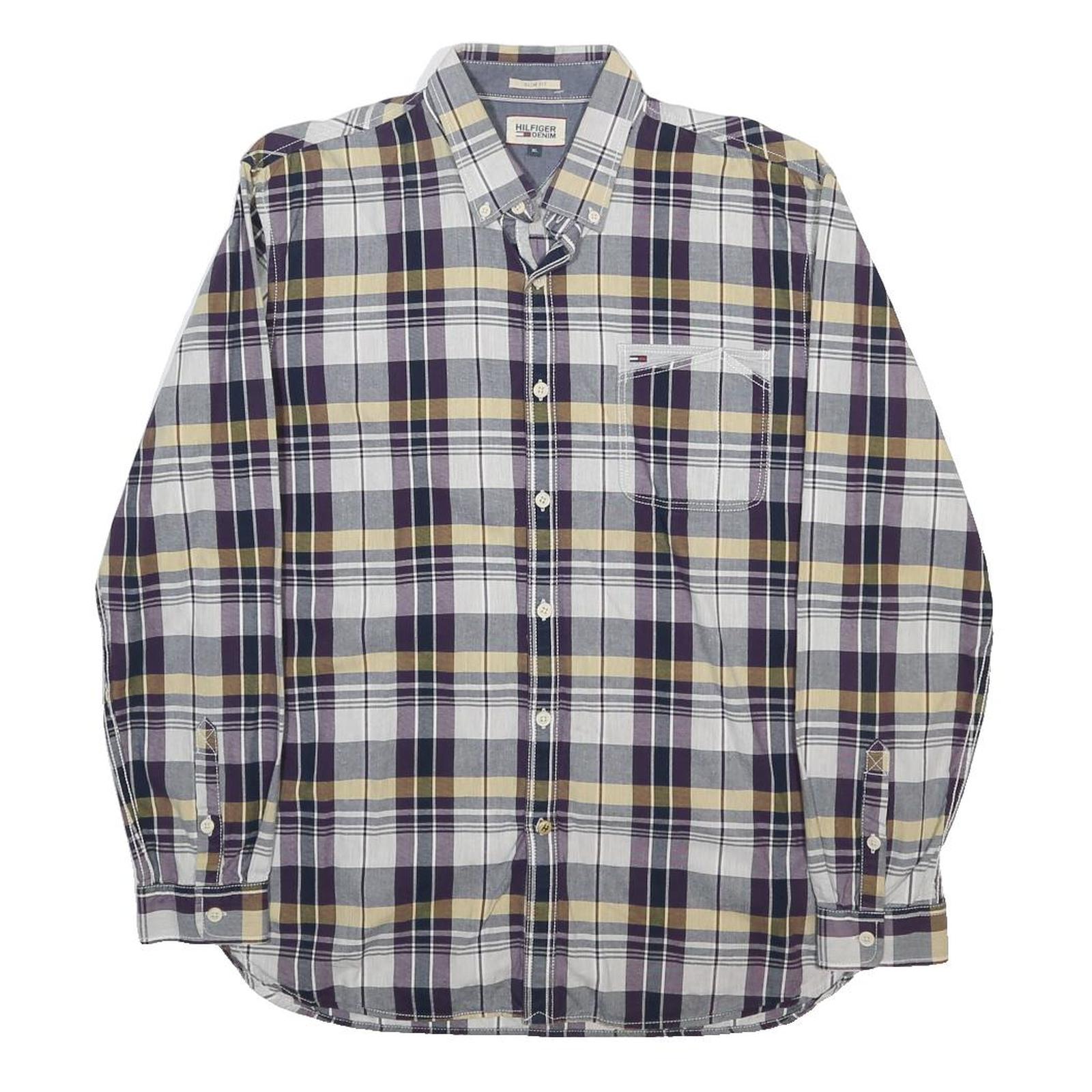 HILFIGER DENIM Mens Blue Beige Plaid Shirt XL Cotton Button Down Long Sleeve