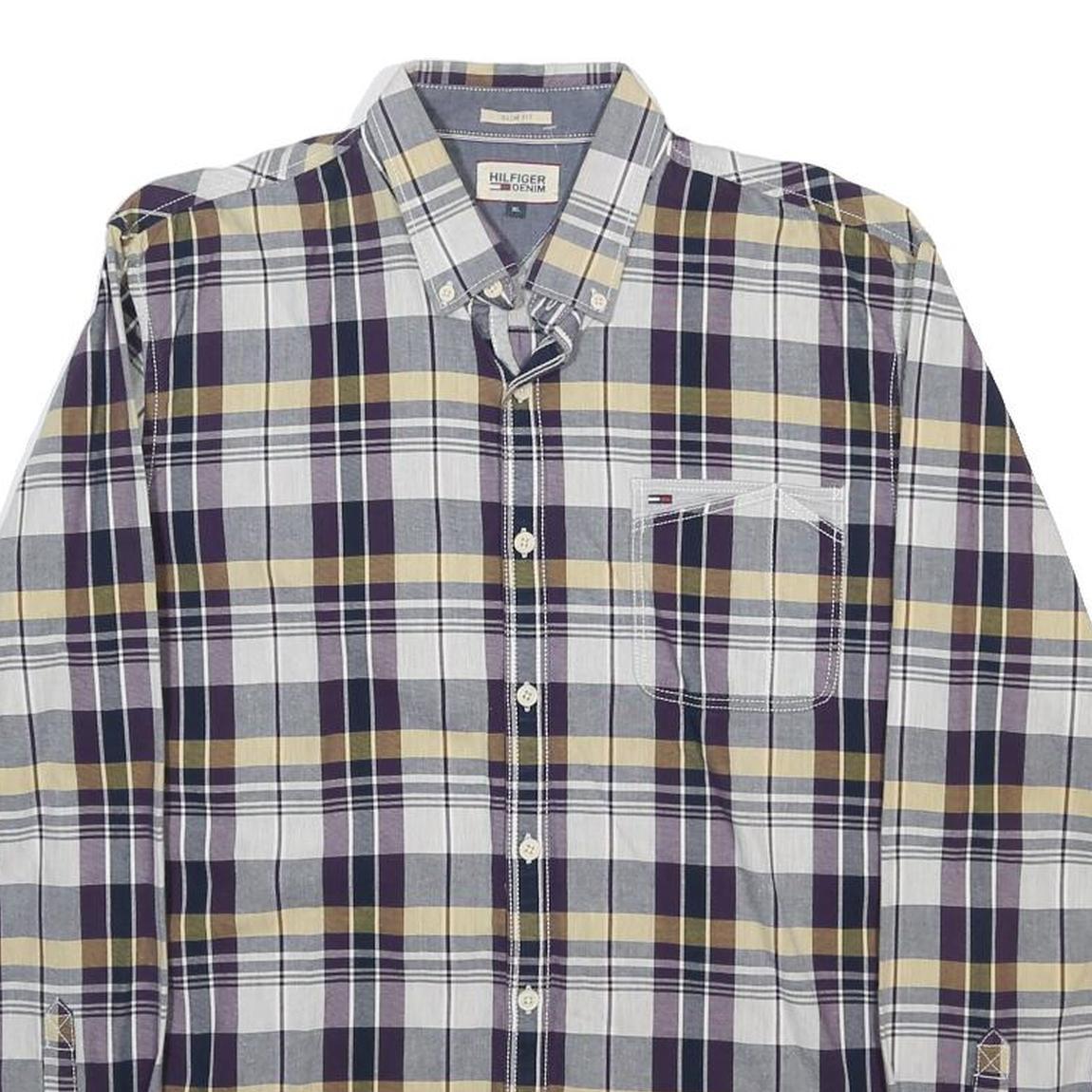 HILFIGER DENIM Mens Blue Beige Plaid Shirt XL Cotton Button Down Long Sleeve