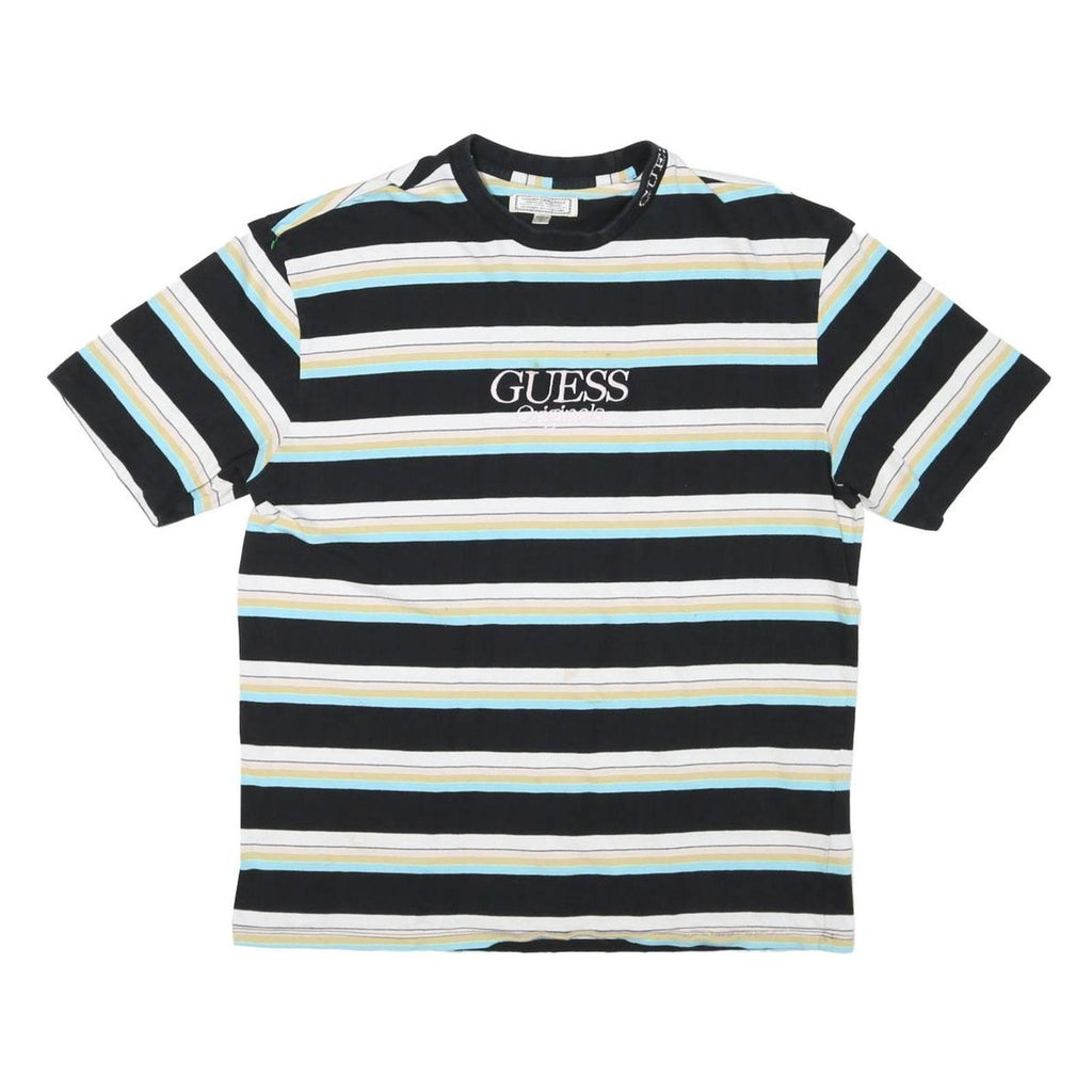 GUESS Mens Black & White Striped Graphic T-Shirt M Short Sleeve Crew Neck Cotton