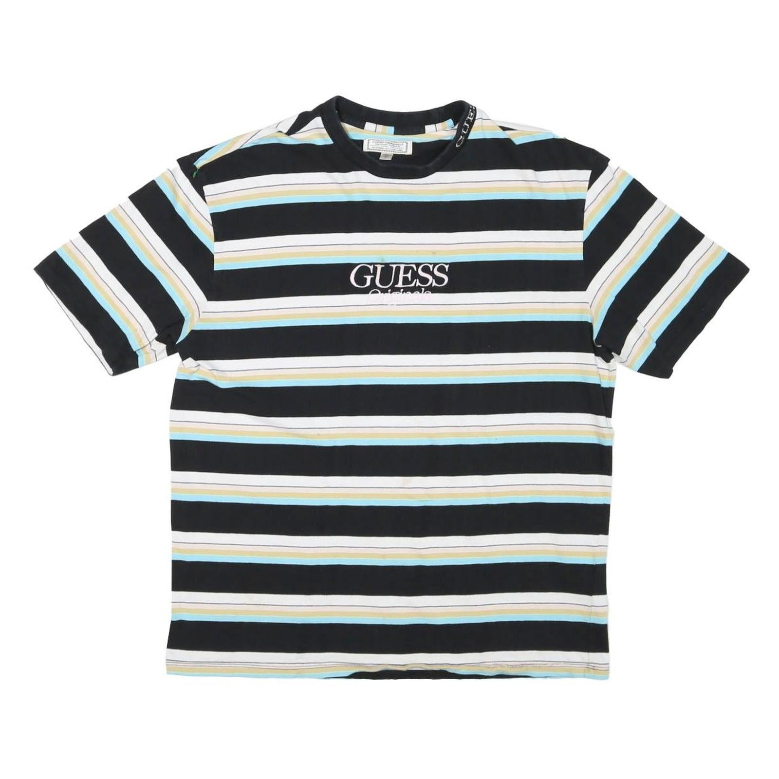 GUESS Mens Black & White Striped Graphic T-Shirt M Short Sleeve Crew Neck Cotton
