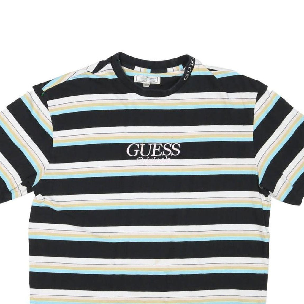 GUESS Mens Black & White Striped Graphic T-Shirt M Short Sleeve Crew Neck Cotton