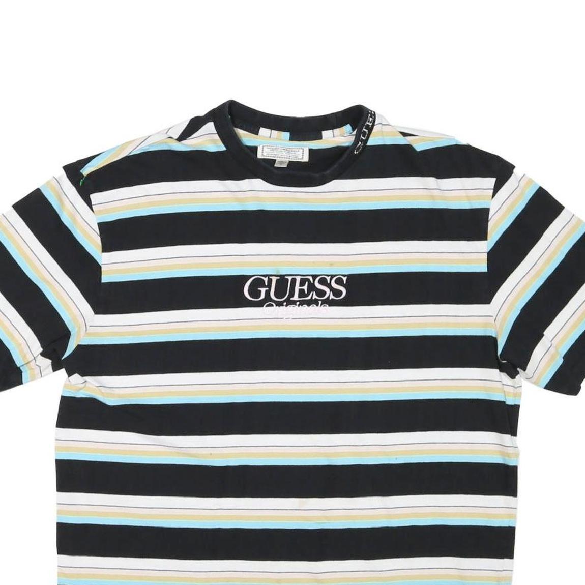 GUESS Mens Black & White Striped Graphic T-Shirt M Short Sleeve Crew Neck Cotton