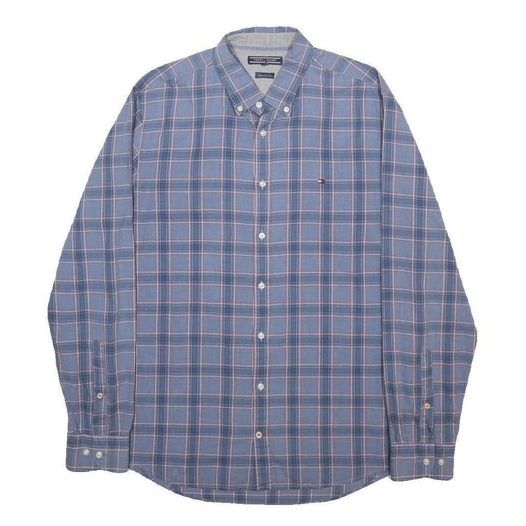 TOMMY HILFIGER Mens Blue & Pink Check Shirt L Button Down Collar Long Sleeve