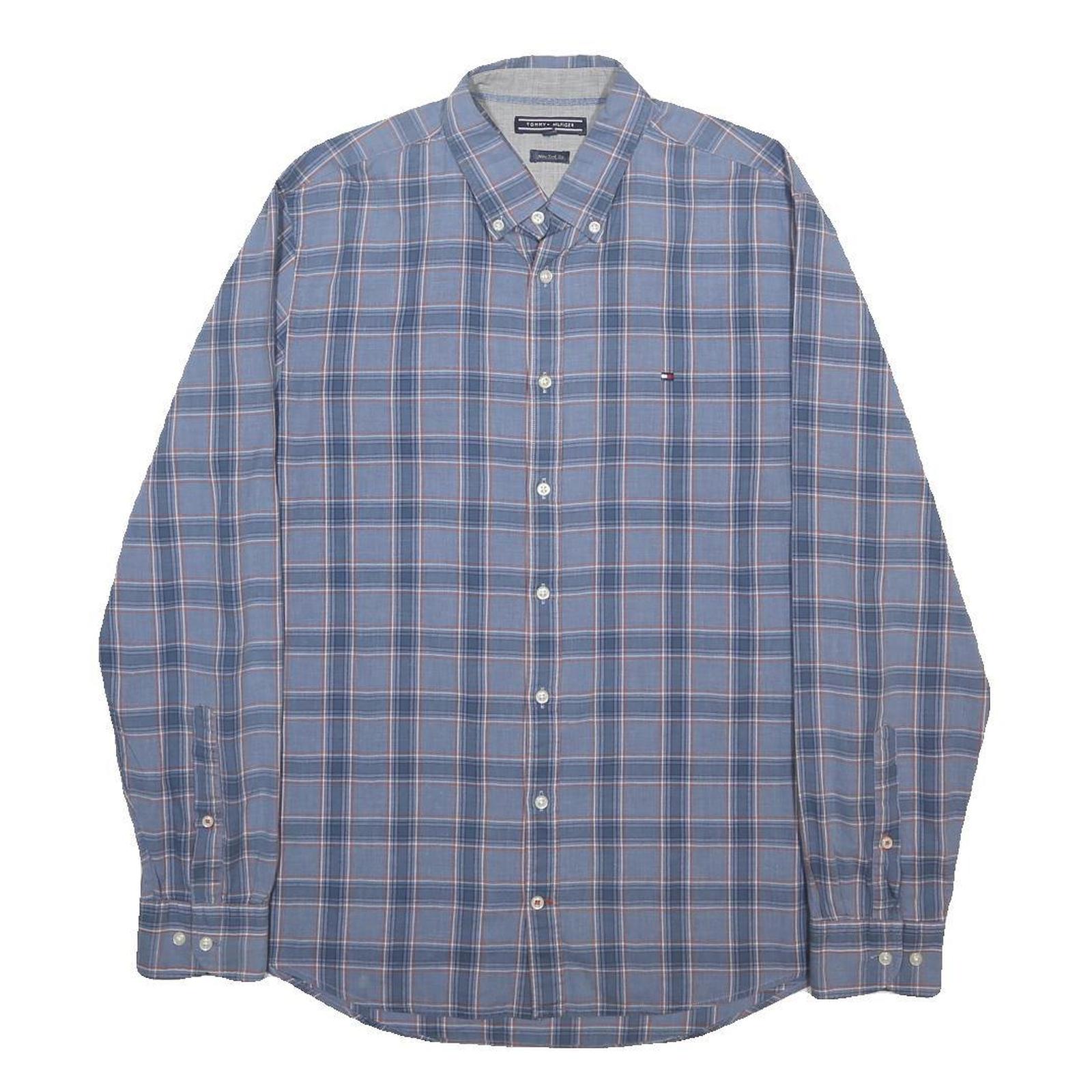 TOMMY HILFIGER Mens Blue & Pink Check Shirt L Button Down Collar Long Sleeve