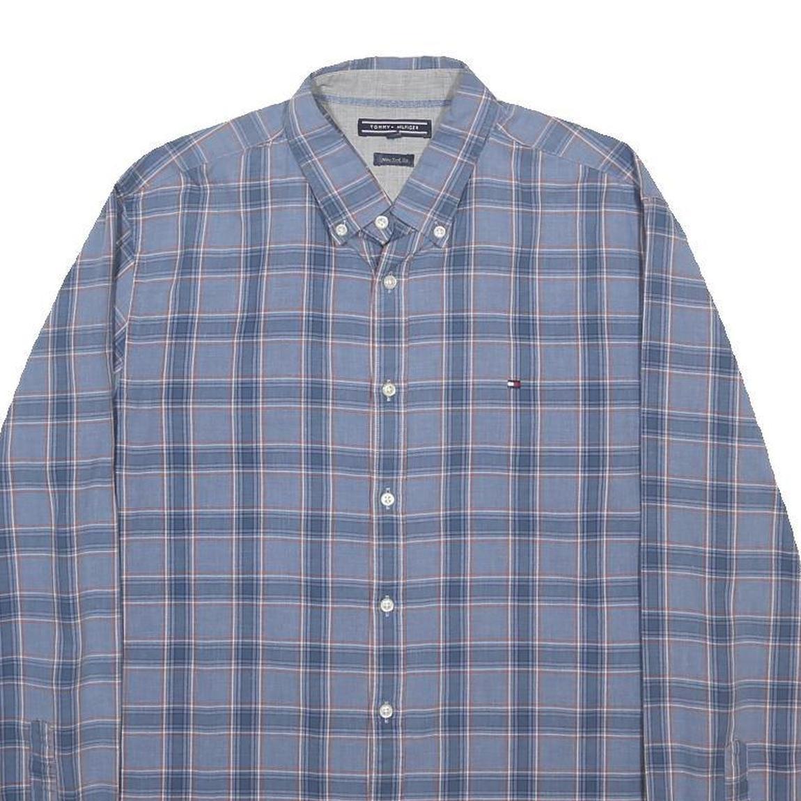 TOMMY HILFIGER Mens Blue & Pink Check Shirt L Button Down Collar Long Sleeve