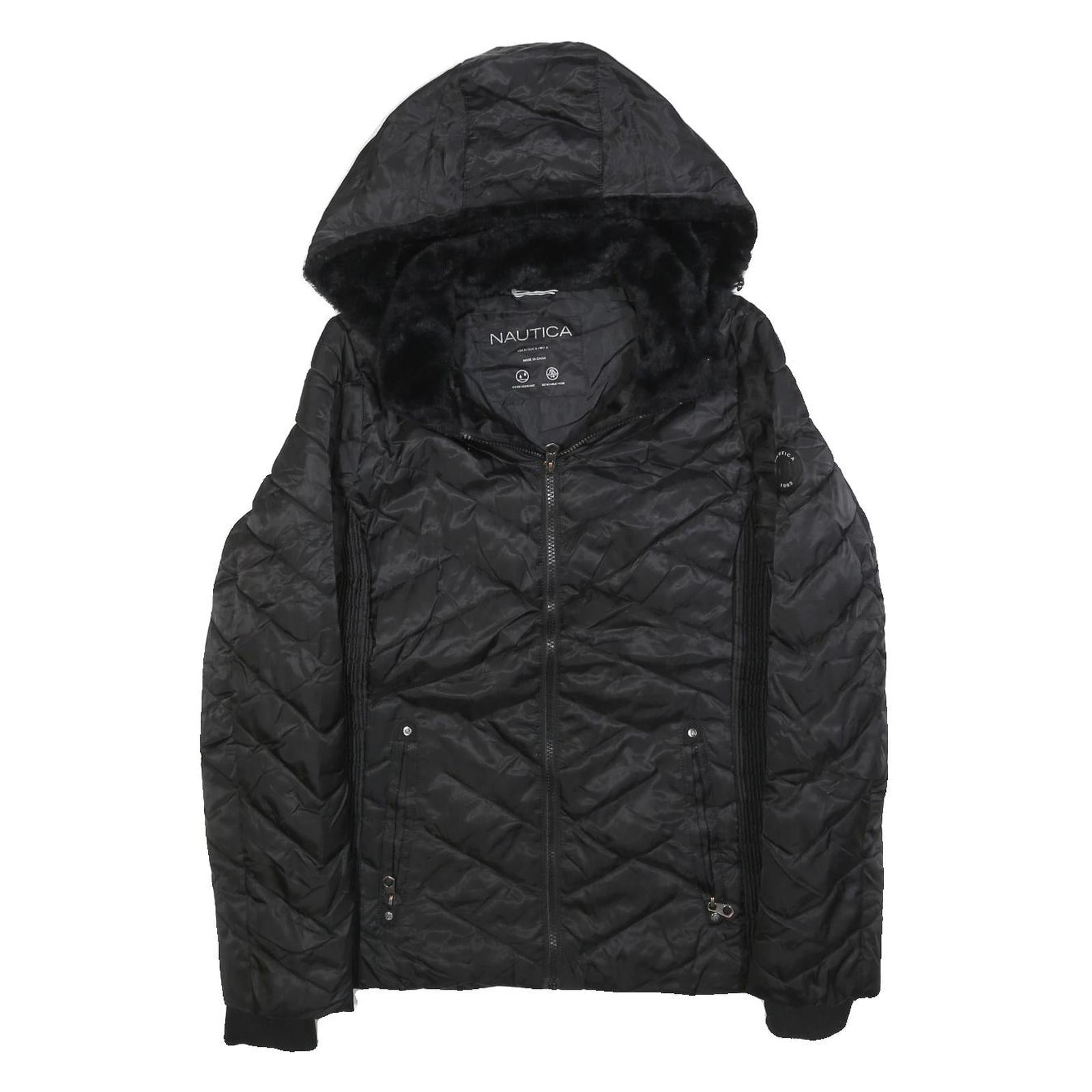 NAUTICA Womens Black Quilted Jacket S Polyester Blend Hooded Zip Closure