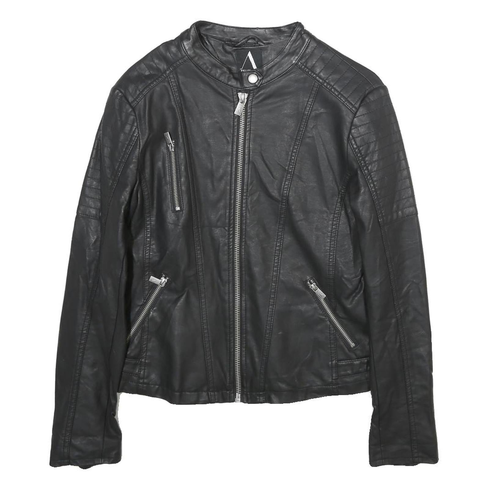 ANASTACIA Womens Black Faux Leather Biker Jacket S Zip Plain Casual Outerwear