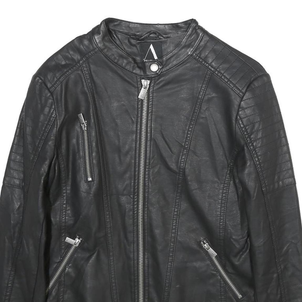 ANASTACIA Womens Black Faux Leather Biker Jacket S Zip Plain Casual Outerwear