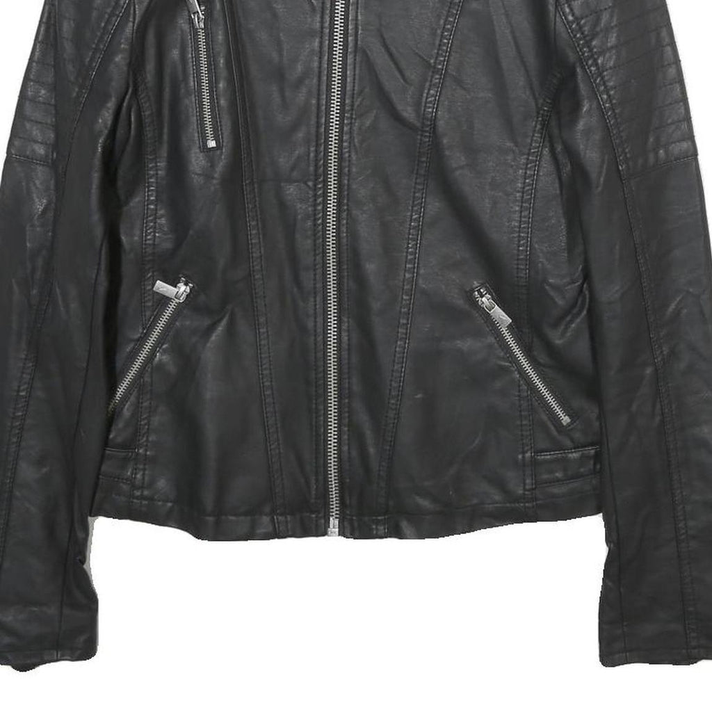 ANASTACIA Womens Black Faux Leather Biker Jacket S Zip Plain Casual Outerwear