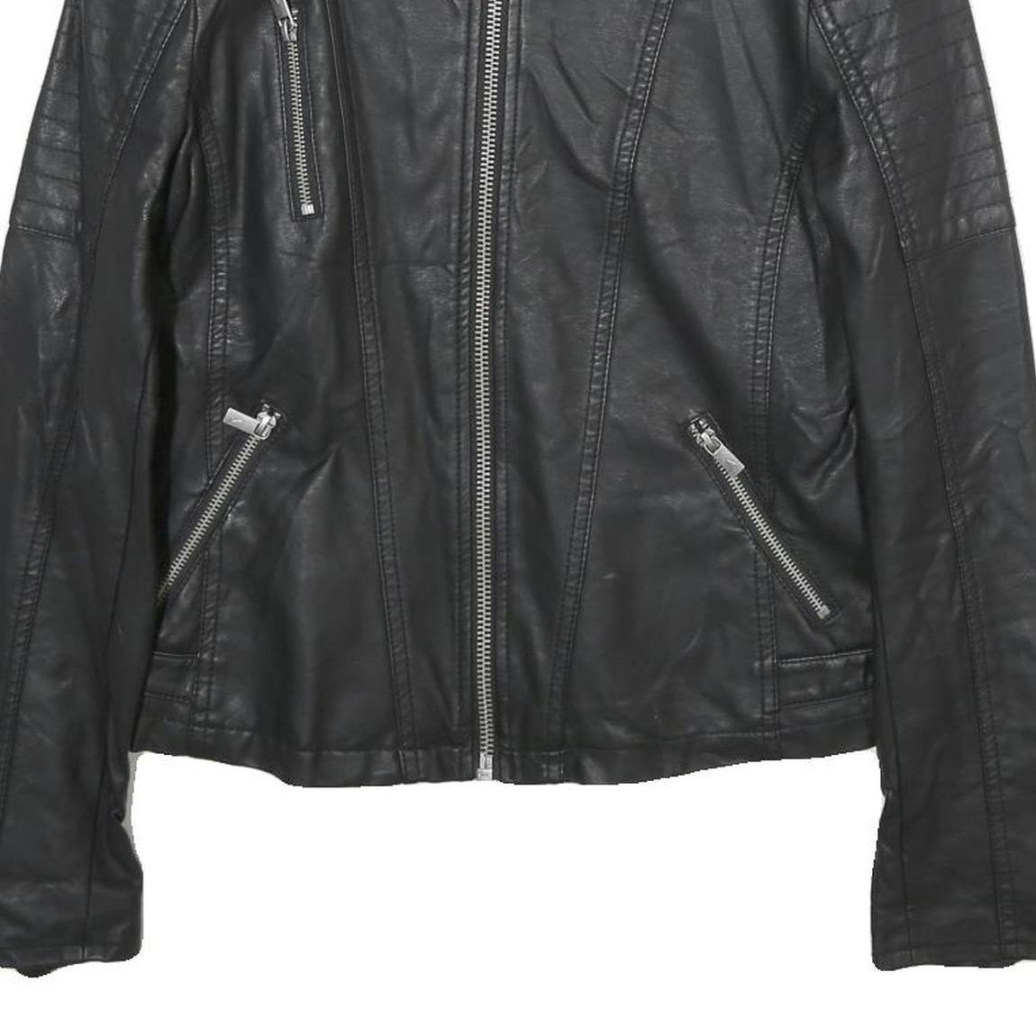 ANASTACIA Womens Black Faux Leather Biker Jacket S Zip Plain Casual Outerwear