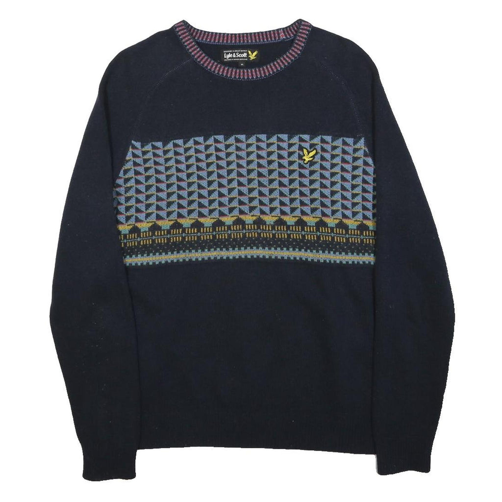 LYLE & SCOTT Mens Navy Blue Patterned Jumper Wool Blend Crew Neck Basic Knit M