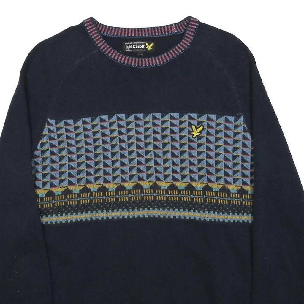 LYLE & SCOTT Mens Navy Blue Patterned Jumper Wool Blend Crew Neck Basic Knit M