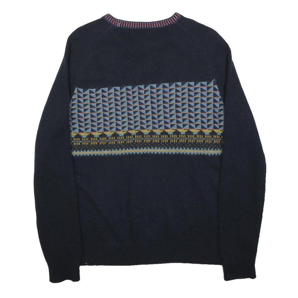 LYLE & SCOTT Mens Navy Blue Patterned Jumper Wool Blend Crew Neck Basic Knit M