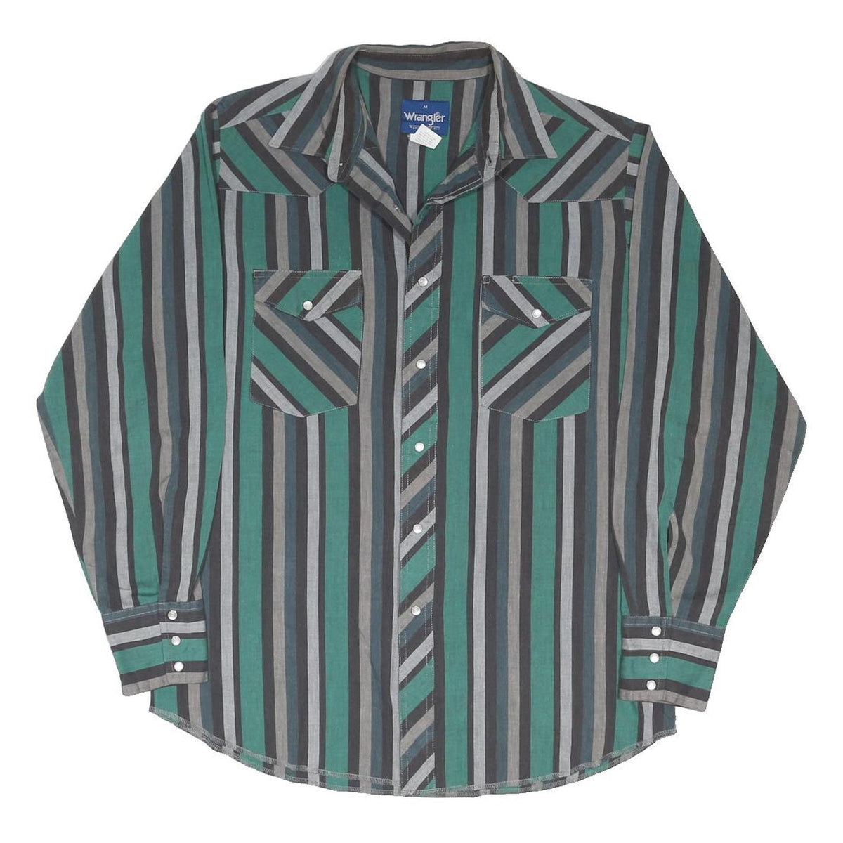 WRANGLER Mens Green & Grey Striped Western Shirt M Cotton Blend Casual
