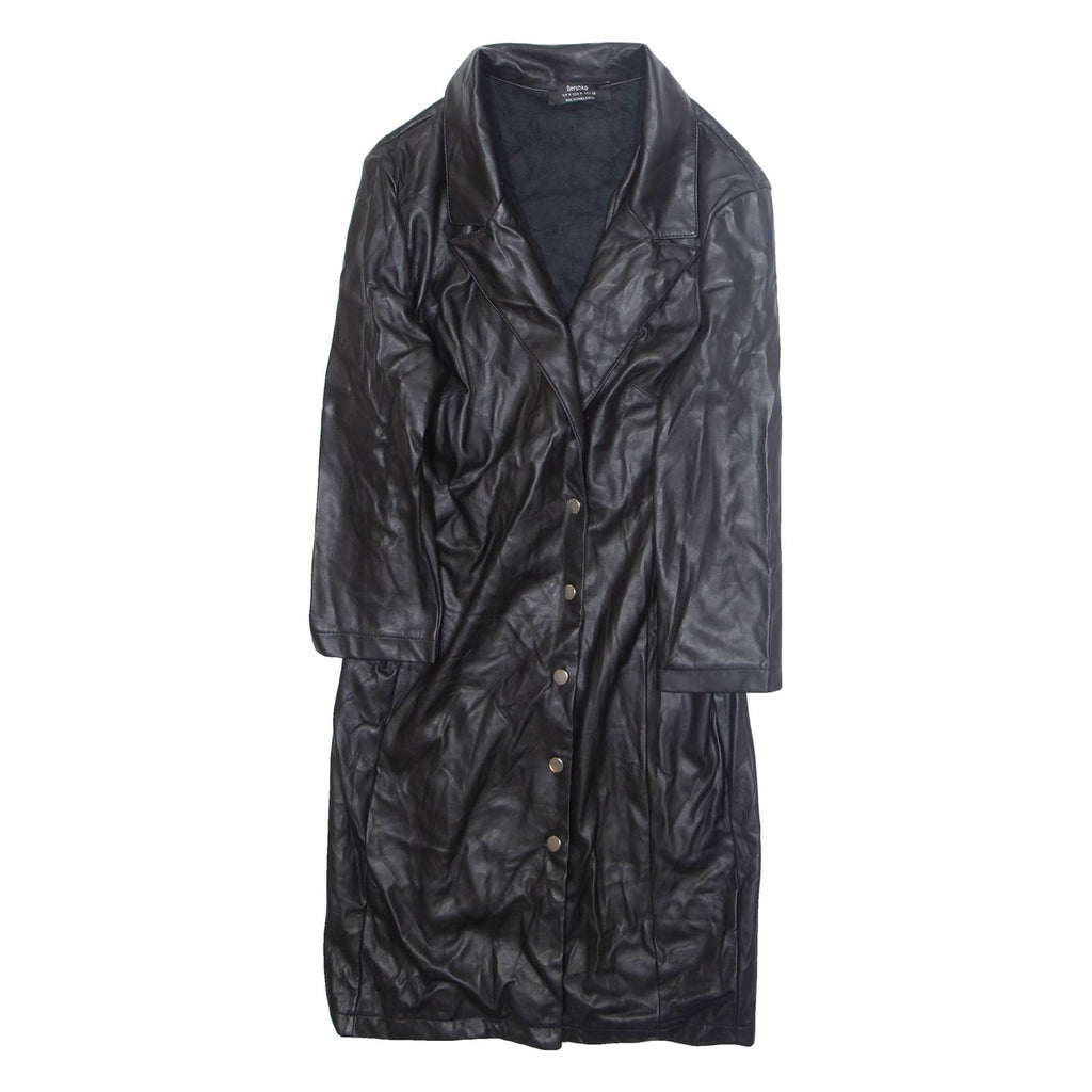 BERSHKA Womens Overcoat Jacket Black Faux Leather M