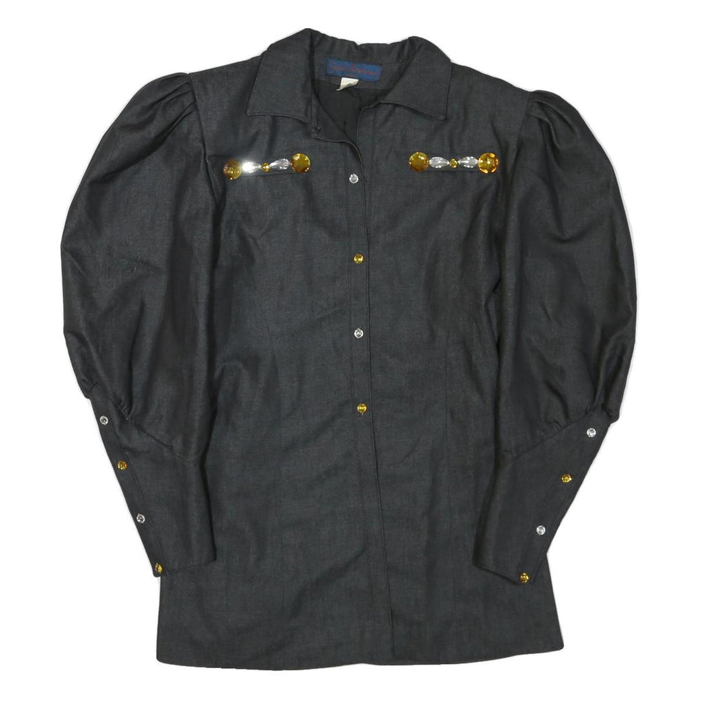 Womens Black Top Long Sleeve Collar Button Neck Embellished L L