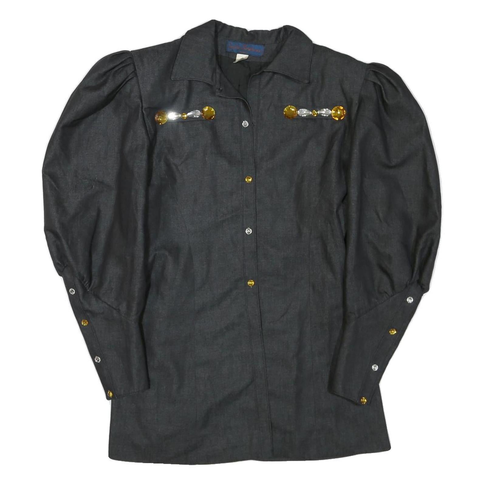 Womens Black Top Long Sleeve Collar Button Neck Embellished L L