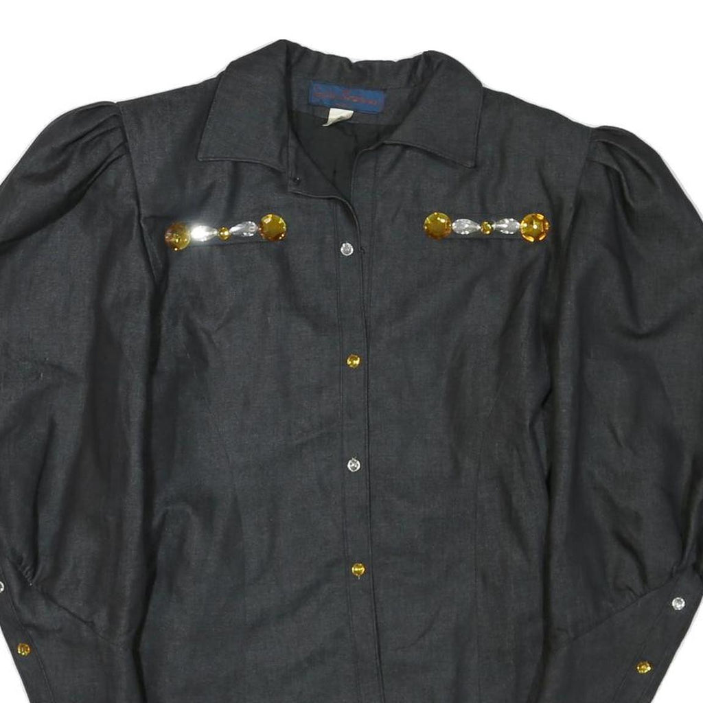 Womens Black Top Long Sleeve Collar Button Neck Embellished L L