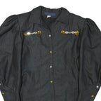 Womens Black Top Long Sleeve Collar Button Neck Embellished L L