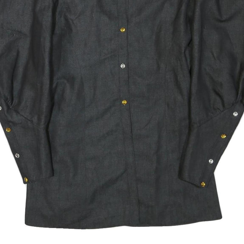 Womens Black Top Long Sleeve Collar Button Neck Embellished L L