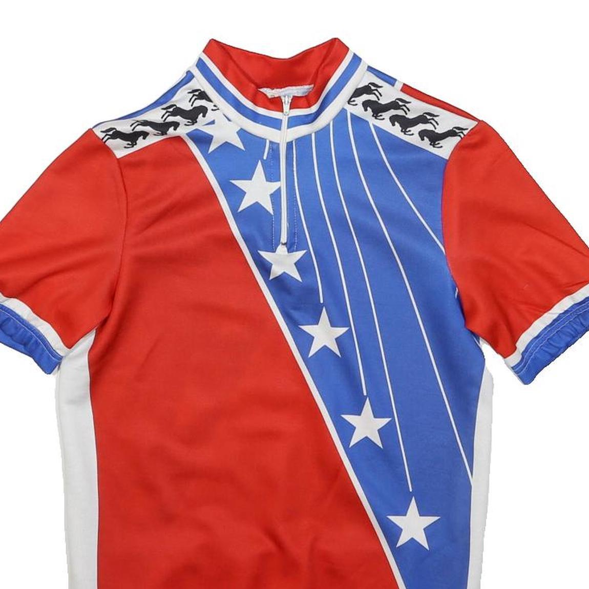 Mens Red & Blue Retro Cycling Style T-Shirt S Short Sleeve 1/4 Zip Star Print