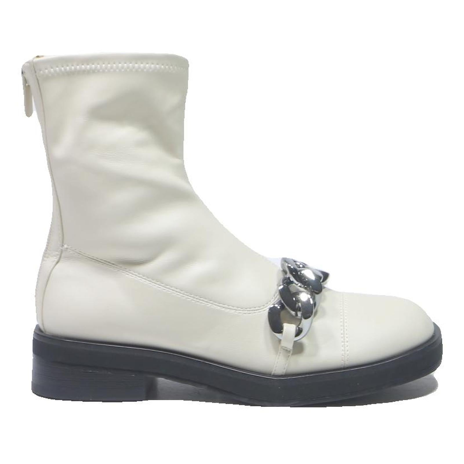 CHARLES & KEITH Womens Ankle Boots White Leather UK 4 Stylish Chunky Chain