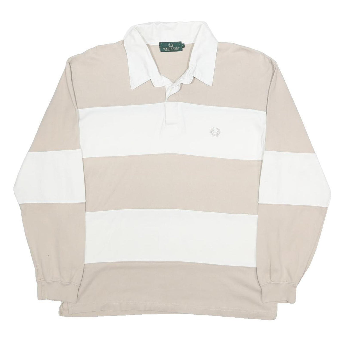 FRED PERRY Mens Beige & White Rugby Stripe Long Sleeve Polo Shirt L Classic Fit