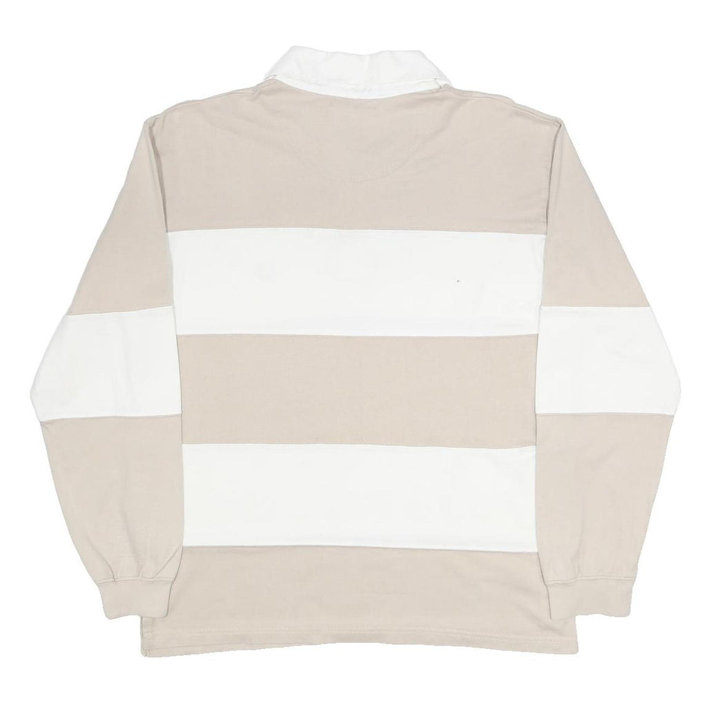 FRED PERRY Mens Beige & White Rugby Stripe Long Sleeve Polo Shirt L Classic Fit
