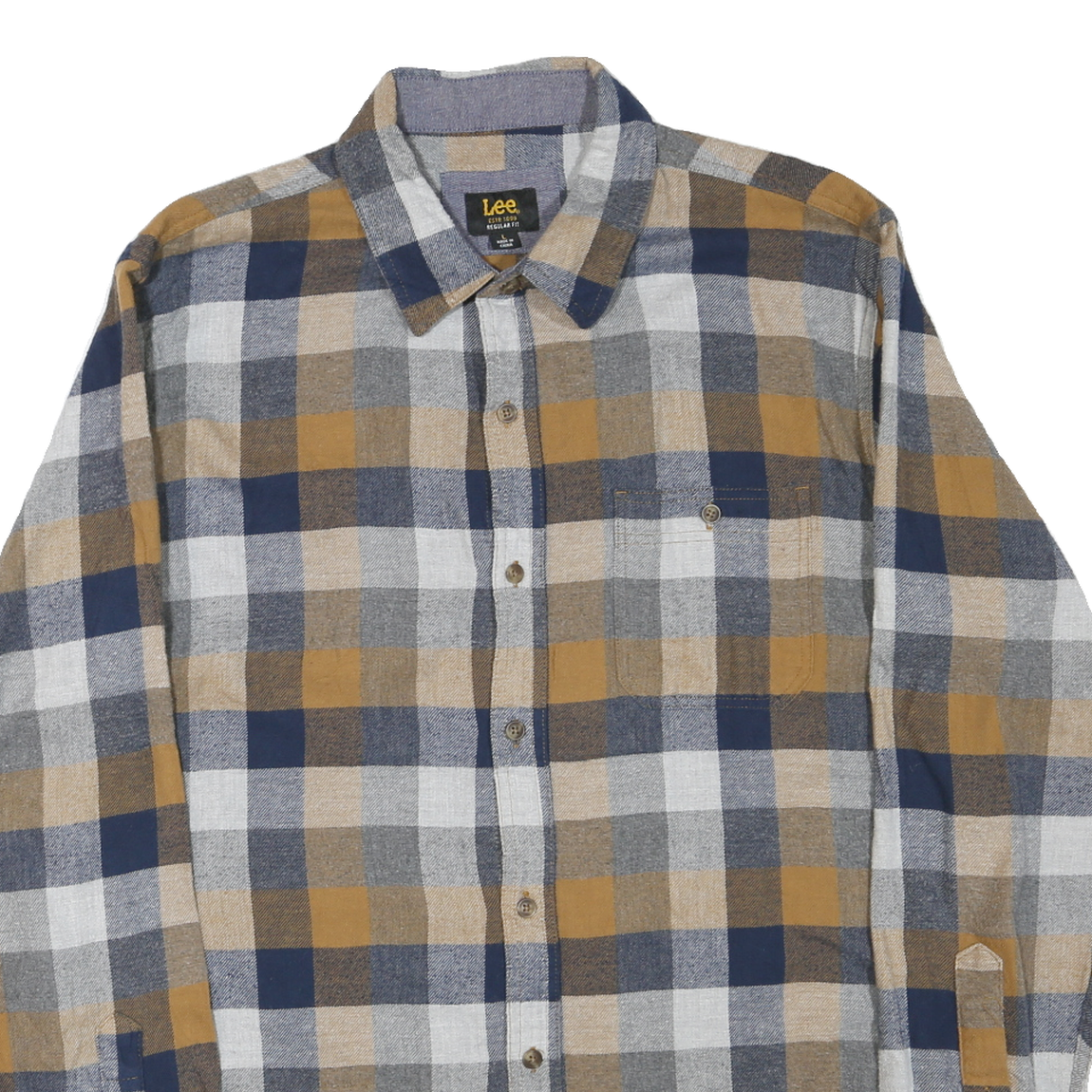LEE Mens Blue & Beige Checked Shirt L Cotton Blend Casual Buttoned Pocket