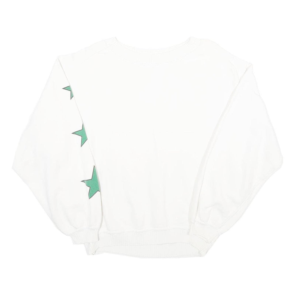 Womens White Sweatshirt With Green Stars Cotton Blend Crew Neck XL Casual