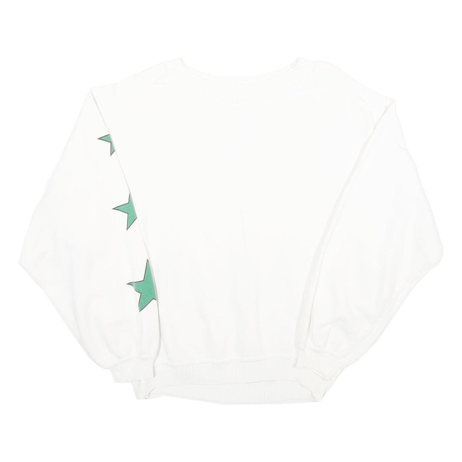 Womens White Sweatshirt With Green Stars Cotton Blend Crew Neck XL Casual