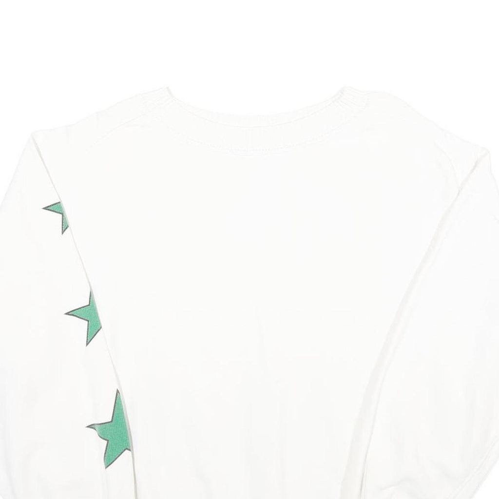Womens White Sweatshirt With Green Stars Cotton Blend Crew Neck XL Casual