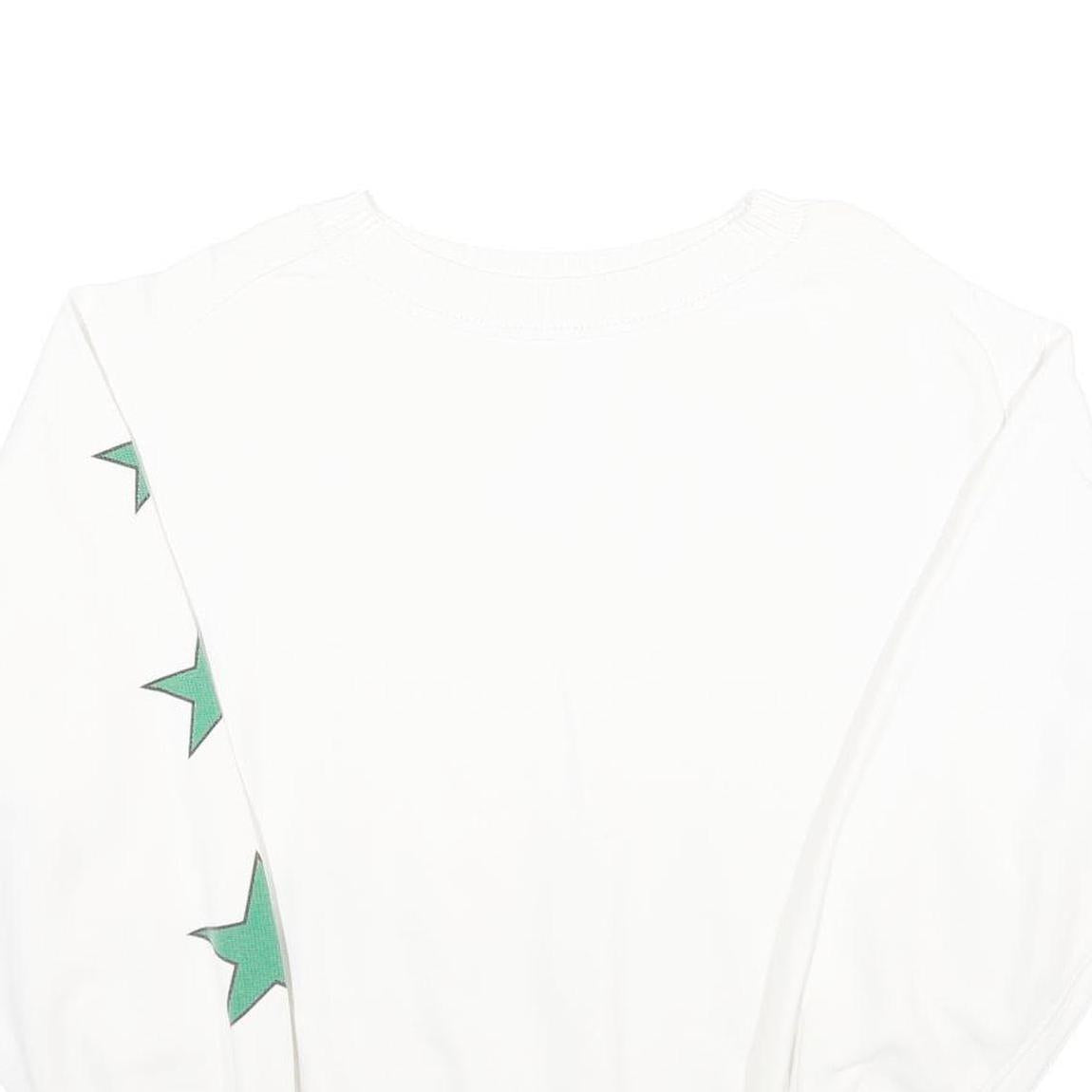 Womens White Sweatshirt With Green Stars Cotton Blend Crew Neck XL Casual