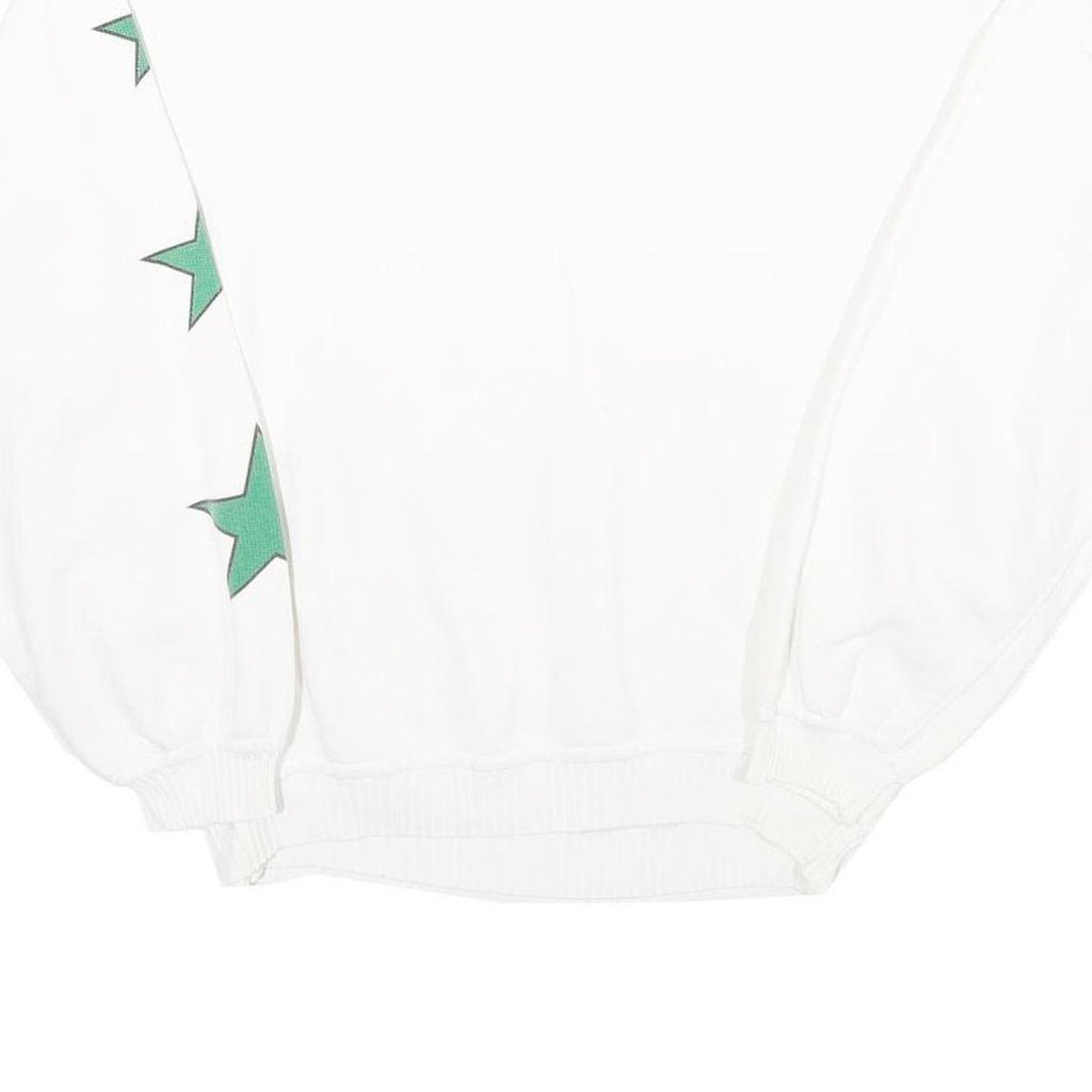 Womens White Sweatshirt With Green Stars Cotton Blend Crew Neck XL Casual