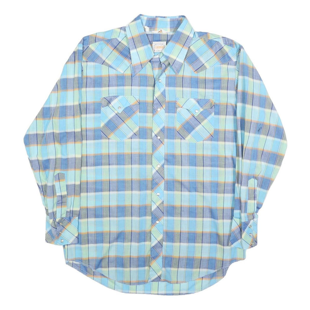 KARMAN Mens Blue Plaid Shirt L Cotton Blend Western Style Button Closure