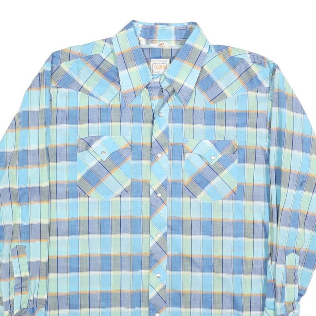 KARMAN Mens Blue Plaid Shirt L Cotton Blend Western Style Button Closure