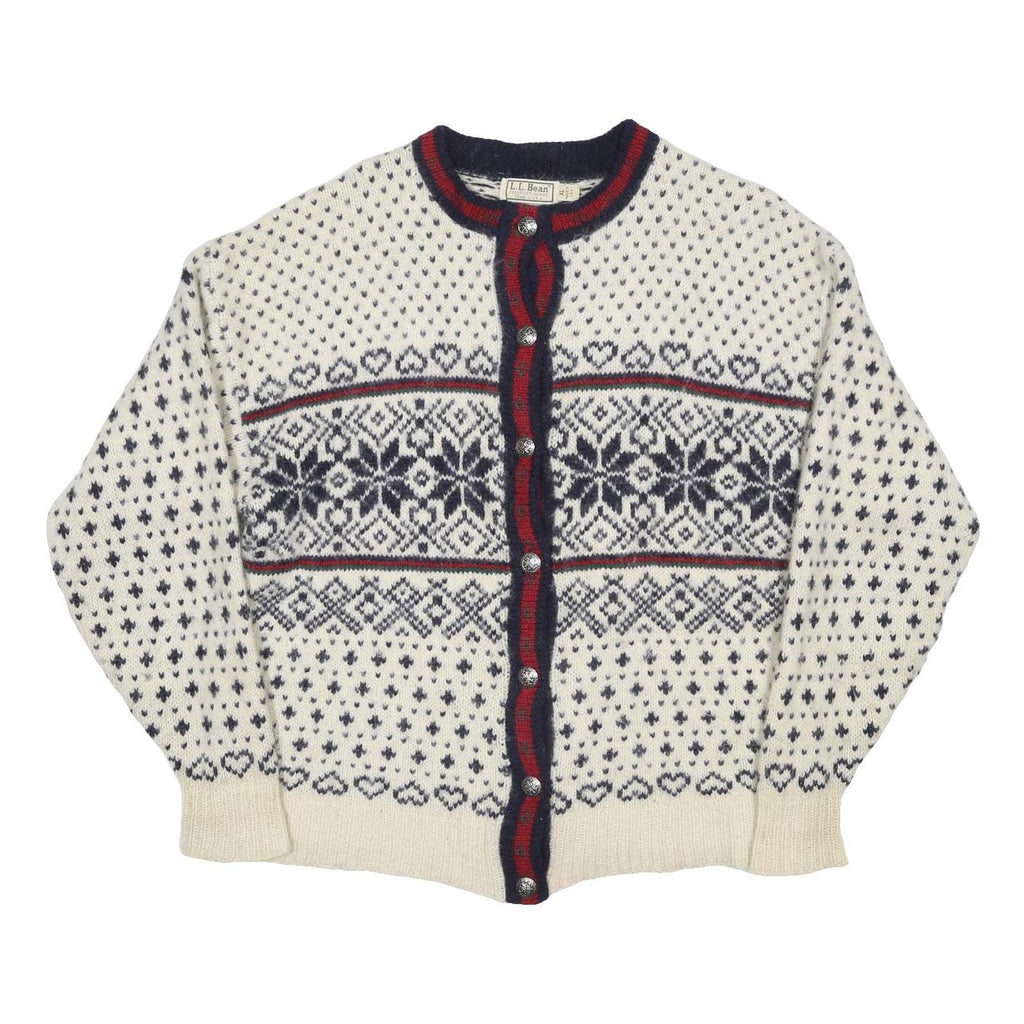 LL BEAN Womens Cream Navy Fair Isle Wool Blend Jumper Button Neck XL Classic