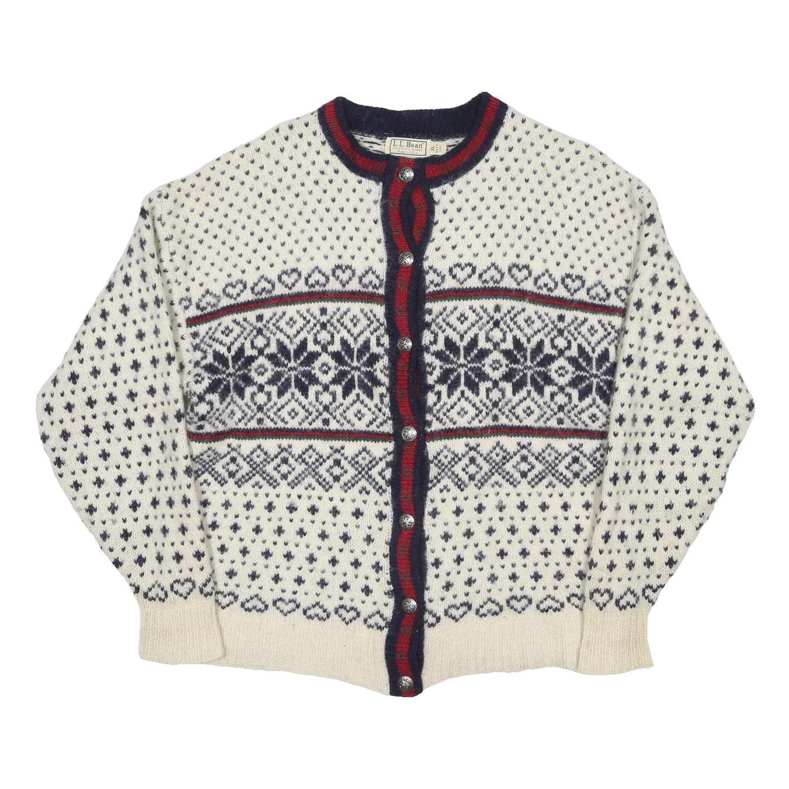 LL BEAN Womens Cream Navy Fair Isle Wool Blend Jumper Button Neck XL Classic
