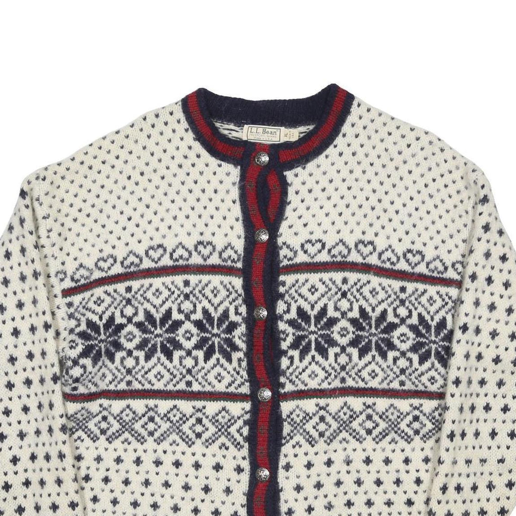 LL BEAN Womens Cream Navy Fair Isle Wool Blend Jumper Button Neck XL Classic