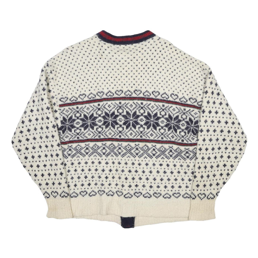LL BEAN Womens Cream Navy Fair Isle Wool Blend Jumper Button Neck XL Classic