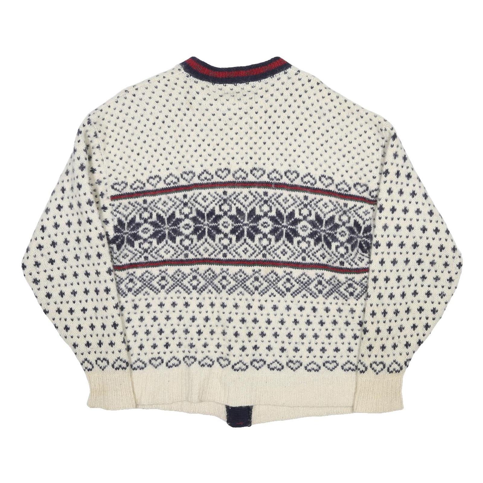 LL BEAN Womens Cream Navy Fair Isle Wool Blend Jumper Button Neck XL Classic