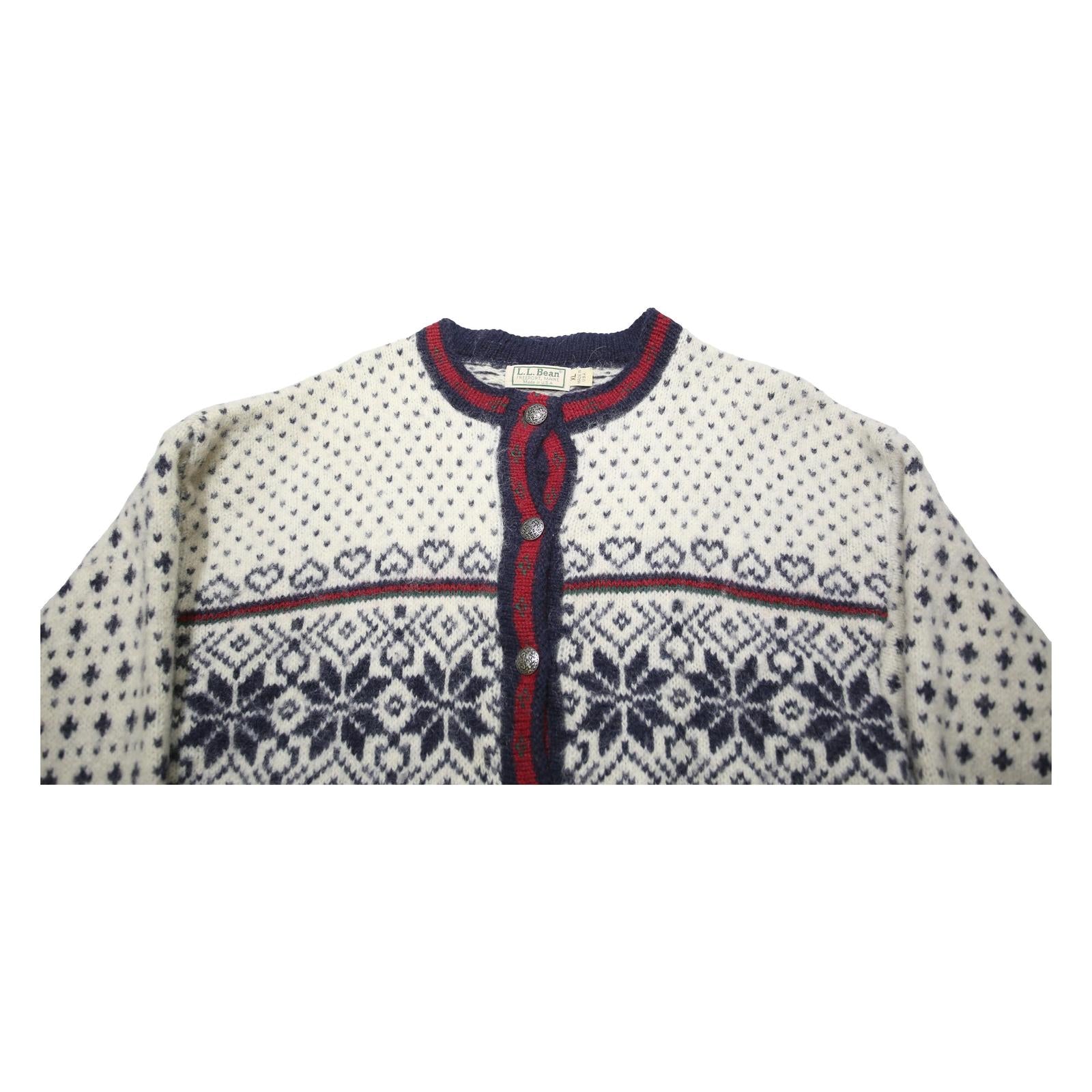 LL BEAN Womens Cream Navy Fair Isle Wool Blend Jumper Button Neck XL Classic