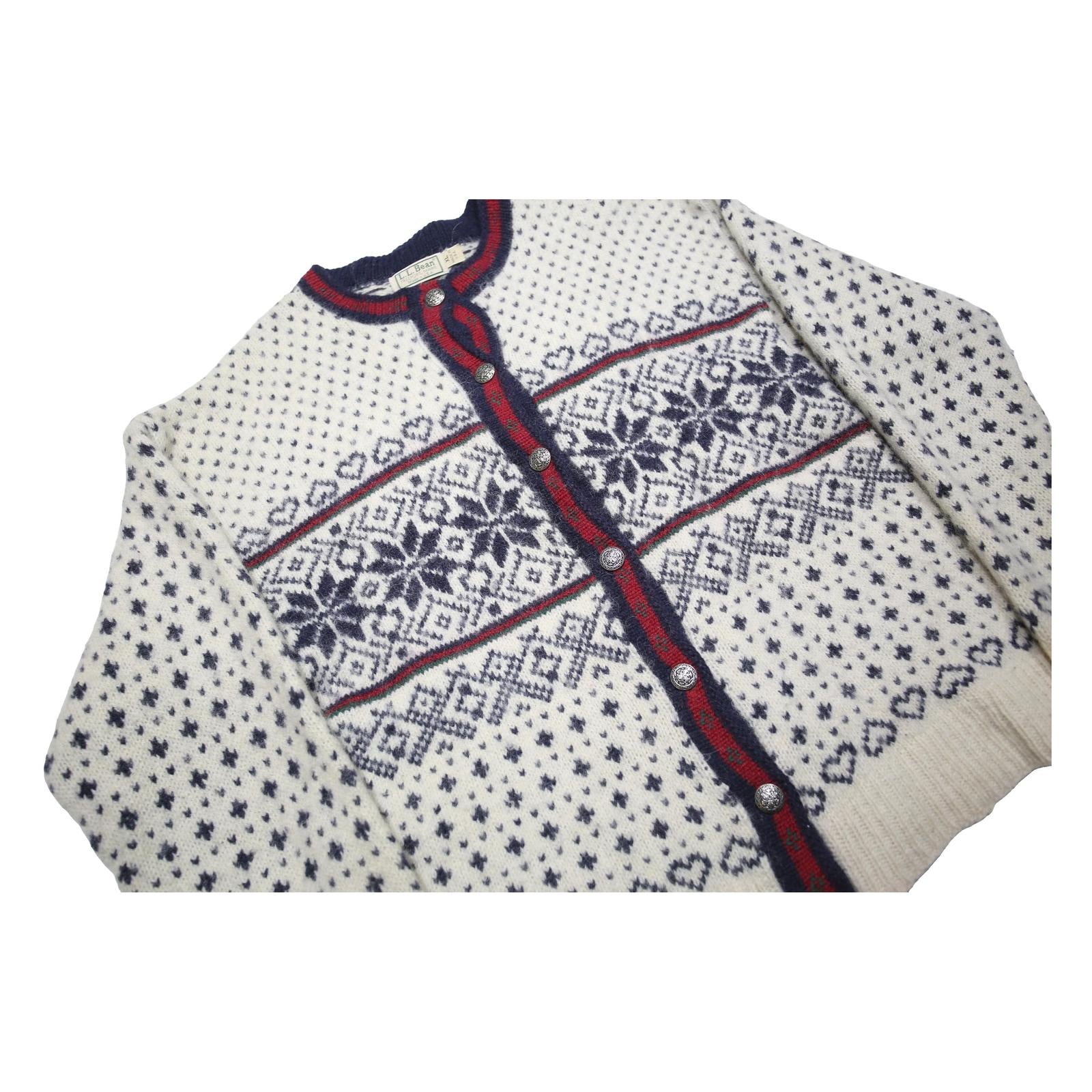 LL BEAN Womens Cream Navy Fair Isle Wool Blend Jumper Button Neck XL Classic