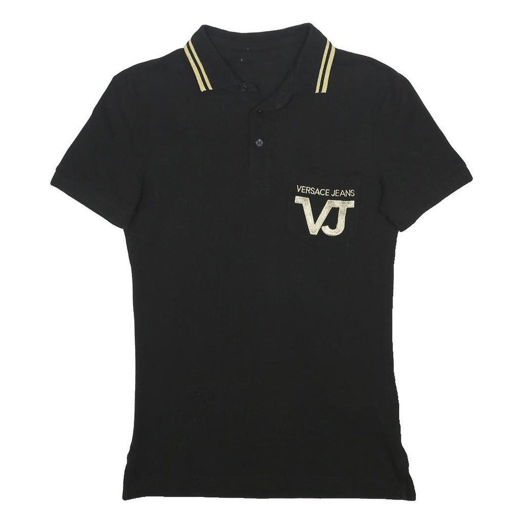 VERSACE JEANS Mens Black & Gold Short Sleeve Plain Polo Shirt XS VJ Logo