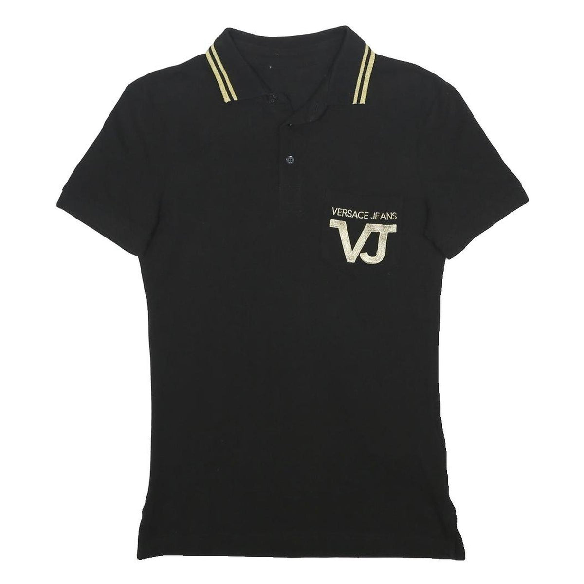 VERSACE JEANS Mens Black & Gold Short Sleeve Plain Polo Shirt XS VJ Logo