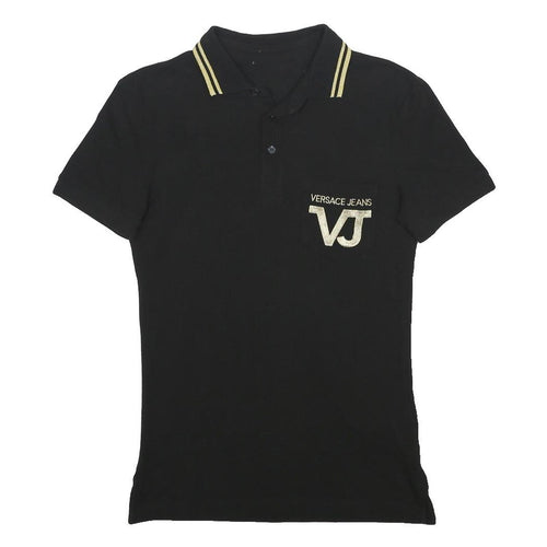 VERSACE JEANS Mens Black & Gold Short Sleeve Plain Polo Shirt XS VJ Logo