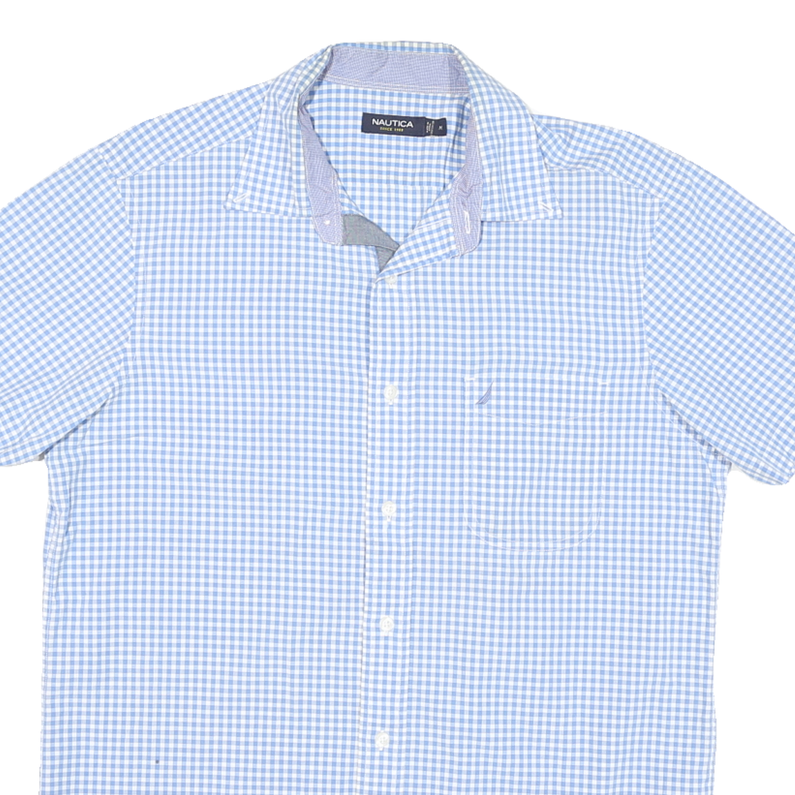 NAUTICA Mens Blue Check Short Sleeve Shirt M Cotton Blend Casual Summer