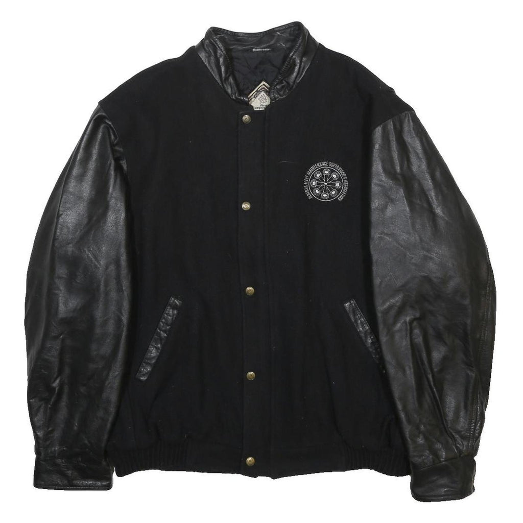FIRST IMPRESSIONS Mens Black Wool Jacket XL Leather Sleeves Zip Closure Logo